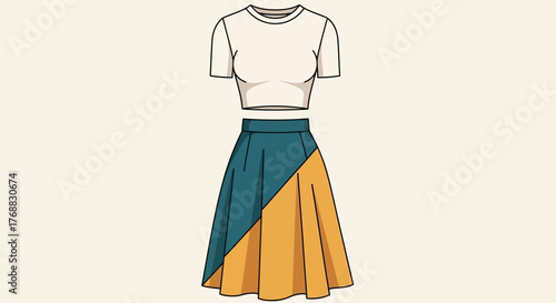Outfit display A shortsleeved cream top and a skirt split diagonally in teal and mustard yellow