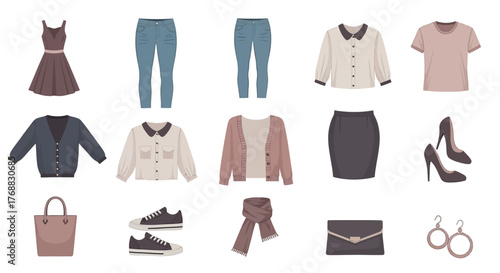 Outfit collection displays dress jeans tops skirt shoes  accessories on a white background