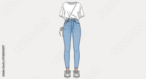 Outfit illustration white tee jeans sneakers and a crossbody bag on a plain background