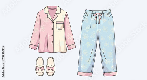 Pajamas slippers and pajama pants on a light background