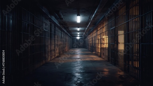 Long prison corridor with metal bars, dim lighting casting shadows on walls and floor. Perspective creates sense of depth and emptiness. Atmosphere is cold and foreboding. Neural network AI generated