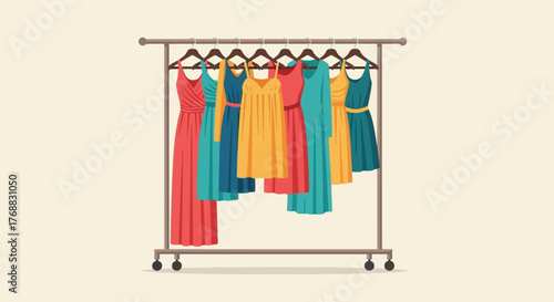 Rack holds dresses of various colors and styles on hangers