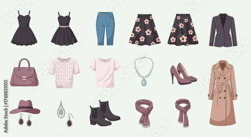 Pixel art fashion dresses jeans skirts tops jacket coat shoes boots accessories bag and jewelry