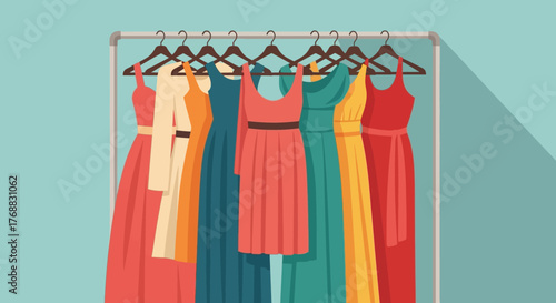 Rack with 7 dresses in vivid hues red orange yellow green and blue against a light blue backdrop