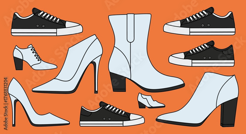 Shoe assortment sneakers heels and a boot set against a solid orange background