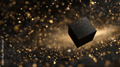 Black Friday items levitating with golden sparkle particles