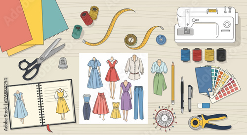 Sewingthemed flat lay with tools fabric swatches sketches and dress designs on a light wooden surface
