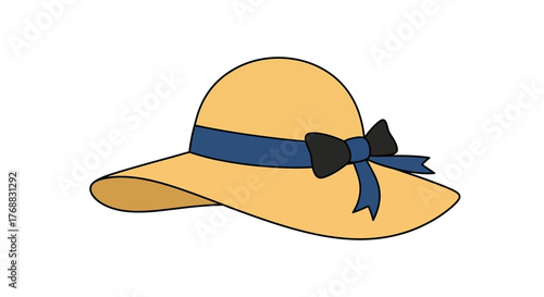 Straw hat with a navy blue ribbon and black bow on a white background