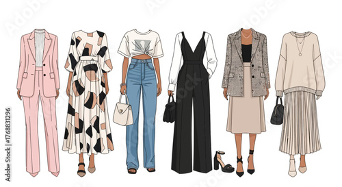 Six outfits in a variety of styles suit dress jeans jumpsuit blazer  skirt and sweater  skirt
