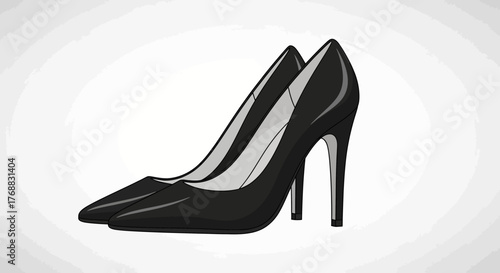 Two black shiny highheeled shoes are displayed against a light gray slightly textured background