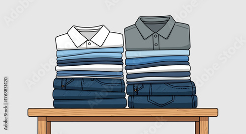 Two stacks of folded clothes with shirts and jeans resting on a wooden table against a light gray background