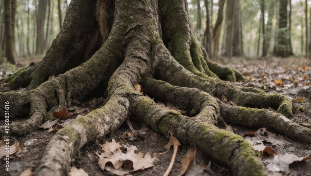 Obraz premium Close-up of a large tree's exposed root system, autumnal leaves on forest floor