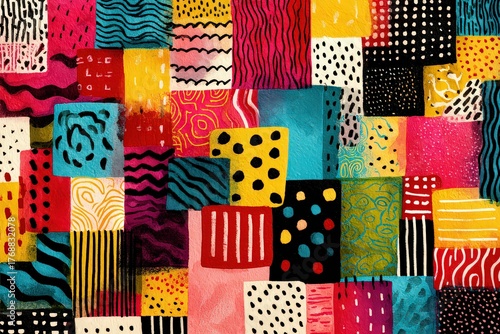 Abstract Geometric Composition With Colorful Patterned Rectangular Blocks and Varying Textures