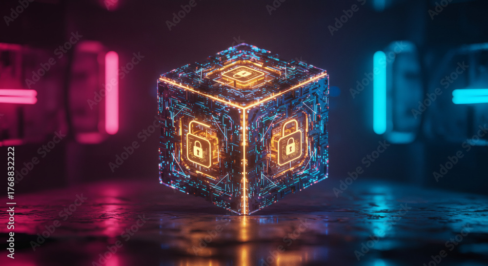 Obraz premium Illuminated digital cube featuring intricate circuit patterns and secure lock symbols, representing advanced data protection and futuristic cyber technology in a vibrant neon environment