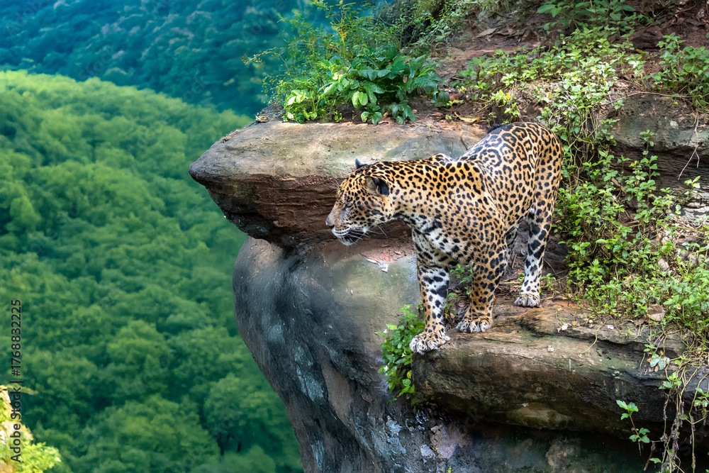 Fototapeta premium Indochinese leopard (Panthera pardus delacouri) observing the surroundings from the edge of a rocky hill