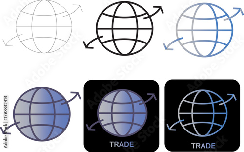 Set of minimalist globe icons representing international trade and global business connections. Vector illustrations for worldwide network concepts
