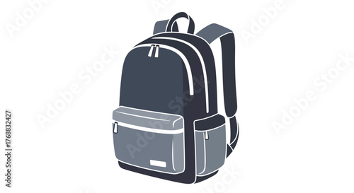 Depicts a bluegray backpack with white edges featuring pockets straps and a handle