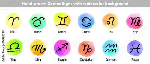 手書きの12星座,水彩のあしらいつき_ベクター｜Hand-drawn 12 zodiac signs with watercolor decorations – Vector
