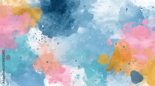 Abstract Watercolor Splashes And Splatters In Shades Of Blue Pink Orange And Gold Against White Background