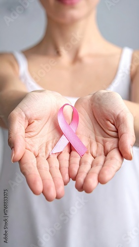 Female Hands Holding a Pink Ribbon – Symbol of Breast Cancer Awareness, Hope, and Support