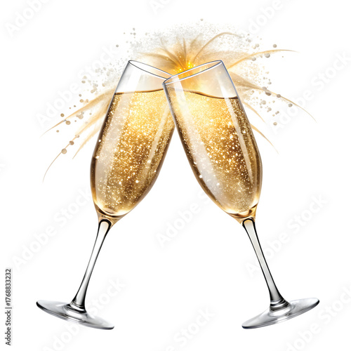 Champagne Glass Toast Duo: PNG of two champagne glasses clinking together with sparkle burst, elegant night party toast, PNG format.