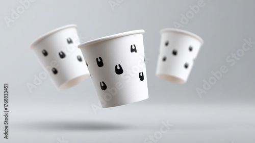 Three white disposable paper cups with black dots floating in midair against a light gray background, showcasing minimalistic design and reusable tableware concept