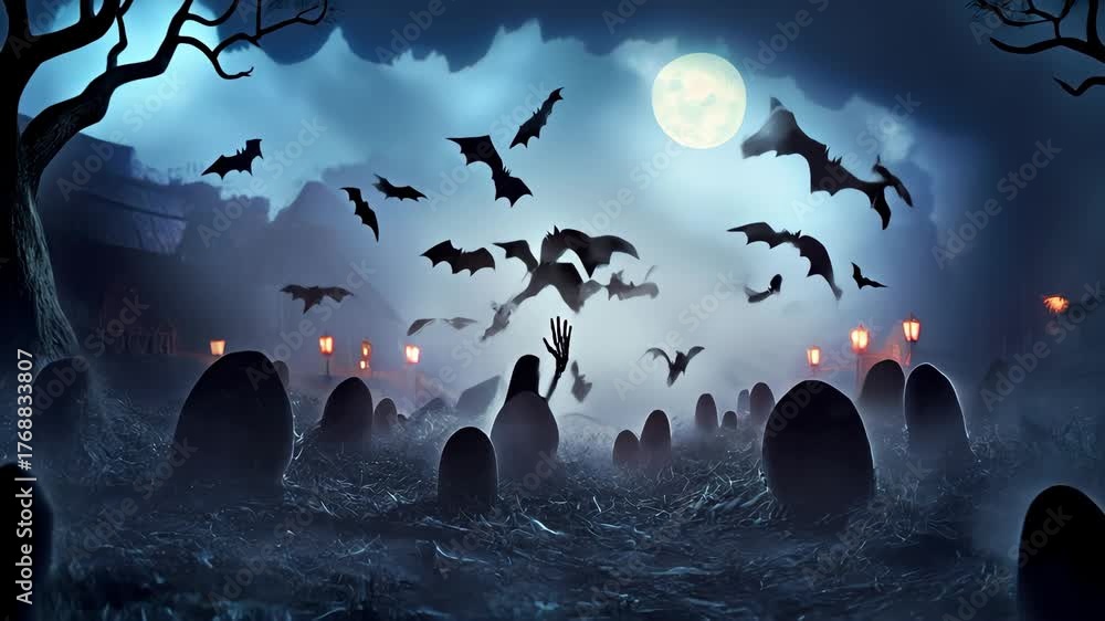 vampire bats flying on a cemetery field of a dark forest lit by the ...