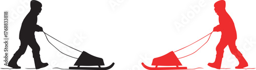 Silhouette winter sledding fun black and red figures pulling sleds in the snow scene