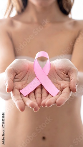 Female Hands Holding a Pink Ribbon – Symbol of Breast Cancer Awareness, Hope, and Support