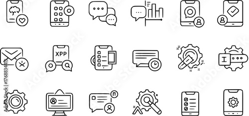 Modern Mobile App, Communication, Data, and Settings Line Icons. Vector outline collection for social media, messaging, technology, and system management concepts.