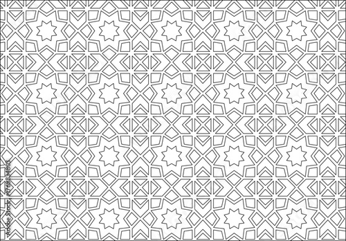 Islamic geometric pattern with repeating stars and interlocking shapes. Elegant, symmetrical design for tiles, textiles, or decorative backgrounds. Monochrome, clean lines.