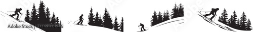 Skiing and snowboarding winter sport activity on mountain slope with trees scene silhouette