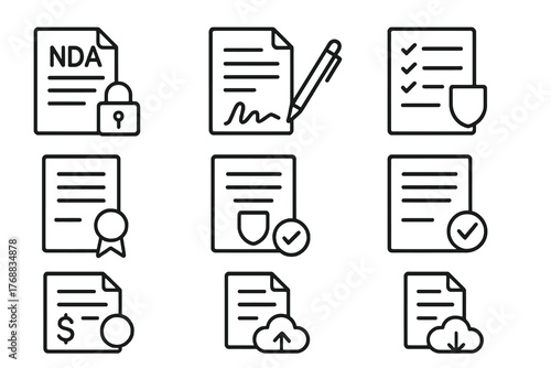 Black thin line vector icons of business and legal documents including NDA, license, and insurance, perfect for corporate, fintech, and compliance design.