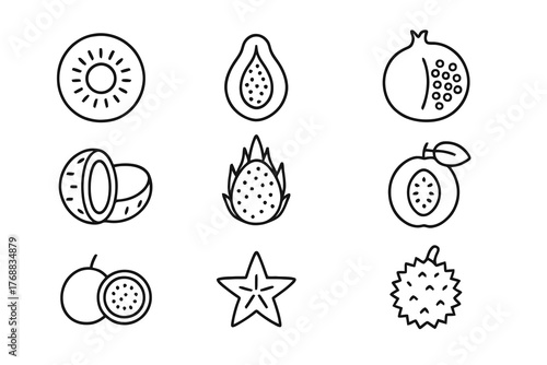 Set of 9 minimalist black icons showing tropical fruits such as pomegranate, guava, and passion fruit, ideal for nutrition, packaging, and wellness projects.
