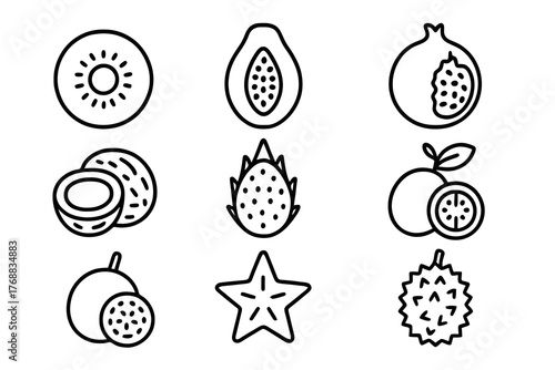 Black thin line vector icons of exotic and tropical fruits including kiwi, papaya, and coconut, perfect for grocery, healthy food, and organic design visuals.