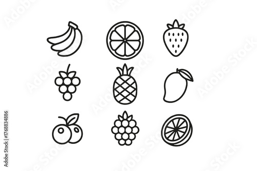 Set of 9 minimalist black icons showing tropical and fresh fruits such as pineapple, mango, and lime, ideal for nutrition, packaging, and wellness visuals.