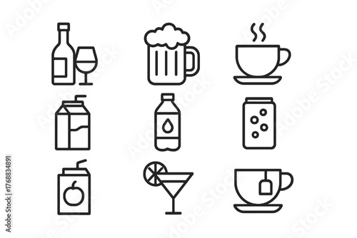 Set of 9 minimalist black icons showing different liquid products such as soda, tea, and beer, ideal for cafe, beverage branding, and food industry visuals.