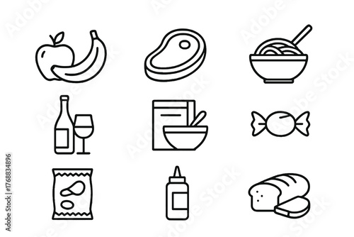 Set of 9 minimalist black icons showing snacks, sauces, cereals, and wine, ideal for packaging, branding, and online food store illustrations.