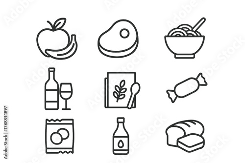 Black thin line vector icons of grocery food and product categories including fruits, meat, pasta, and beverages, perfect for supermarket and restaurant design.