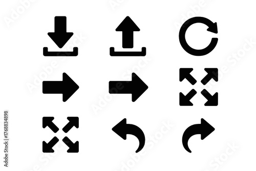 Set of 9 minimalist black solid icons showing navigation and control symbols such as undo, redo, and maximize, ideal for UX, software, and app design.