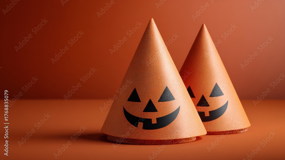 Fototapeta premium Pair of festive Halloween party cone hats with carved jack-o lantern faces on a smooth surface with warm orange background perfect for celebrations and spooky decor