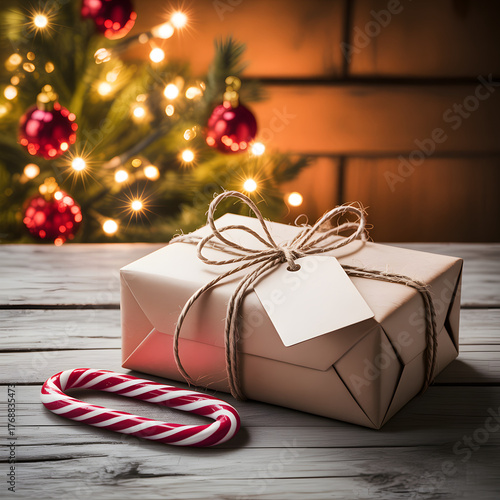Christmas gift box with candy cane and decorated tree in background