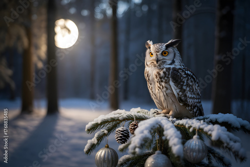 Majestic owl perched on snowy pine tree in winter forest at dusk