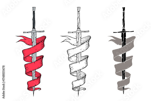 Medieval sword with ribbon in three styles