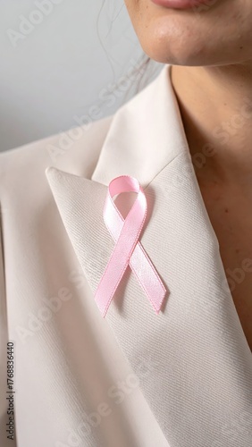 Pink Ribbon on a Woman’s Pink Jacket – Breast Cancer Awareness and Support Symbol