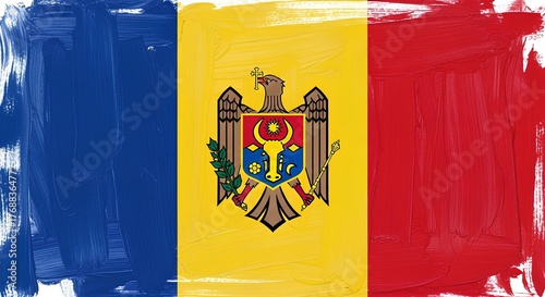 An expressive abstract version of the Moldova flag, with vertical blue, yellow, and red stripes and a stylized eagle emblem in the center, painted in bold textured brush strokes.