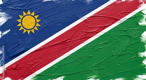 An abstract artistic version of the Namibia flag, with diagonal blue, red, and green sections separated by white stripes and a golden sun symbol, painted in expressive brush strokes.