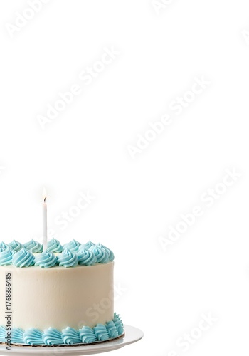 A classic two-layer vanilla birthday cake with smooth buttercream frosting and soft pastel blue swirls, placed on a white cake stand at the bottom-left corner of the frame.