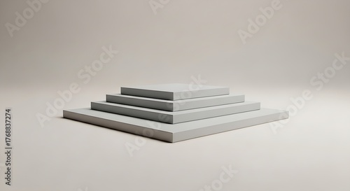 Minimalist arrangement of four stacked square concrete blocks creating a modern geometric pyramid on a neutral studio background
