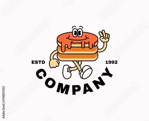 Logo cartoon vector of a pancake mascot with syrup, eyes, and arms showing a peace sign while walking happily vintage logo style this design is perfect for food businesses, breakfast cafes